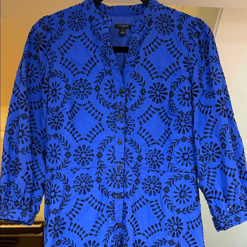 Ann Taylor Royal Blue Dress with Black Floral Motif